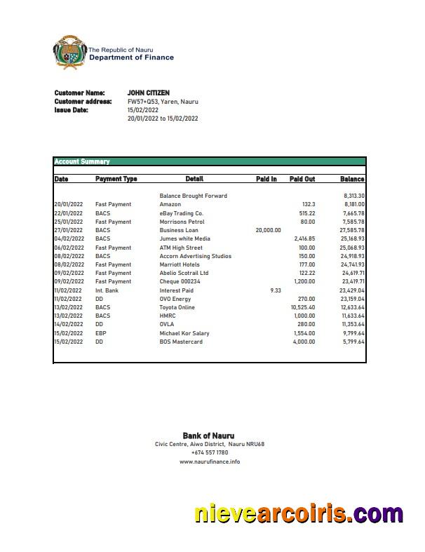 Realistic Nauru Bank Of Nauru Bank Statement Excel And PDF Template