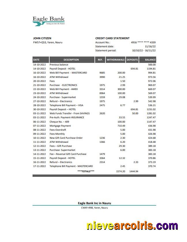 Nauru Eagle Bank Statement Template