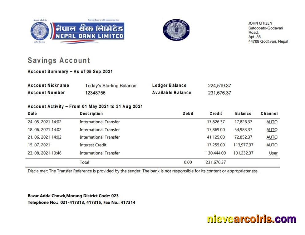 Nepal Bank Nepal Statement Sample