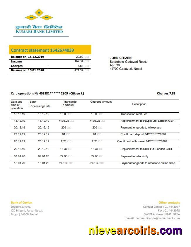 Nepal Kumari Bank Statement Template