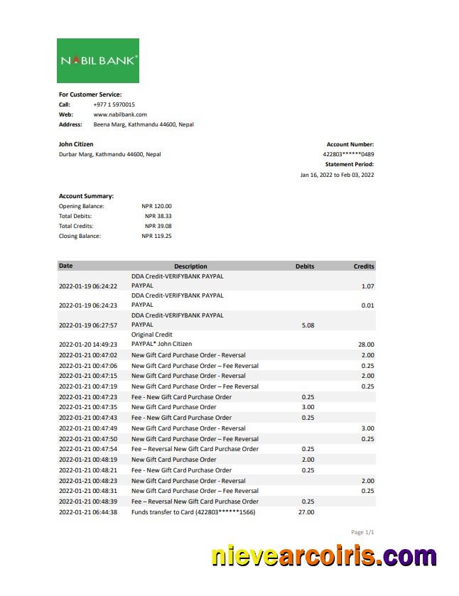 Nepal Nabil Bank Statement Template