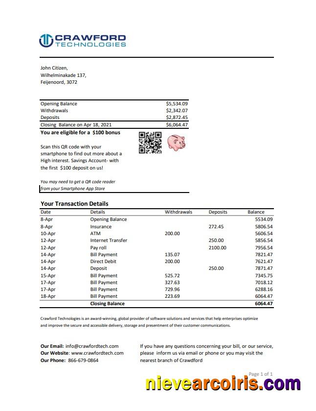 Realistic Netherlands (Holland) Crawford Technologies Bank Statement Easy To Fill Template In Excel And PDF Format