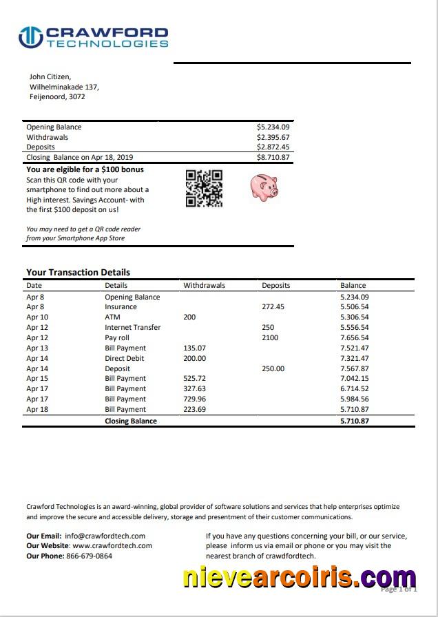 Professional Netherlands (Holland) Crawford Technologies Bank Statement Template In Word And PDF Format