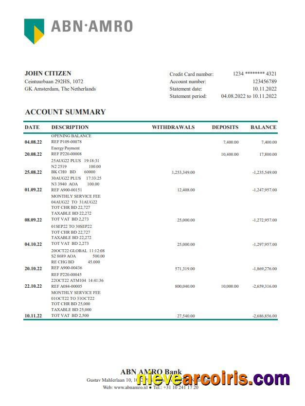 Netherlands ABN AMRO Bank Statement XLS Template