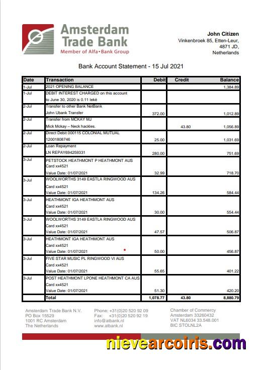 Realistic Netherlands Amsterdam Trade Bank Statement Template In Word And PDF Format