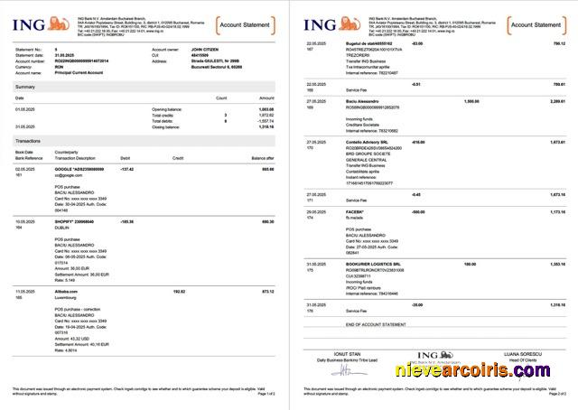 Editable Netherlands ING Bank Account Statement Word And PDF Template, 2 Pages