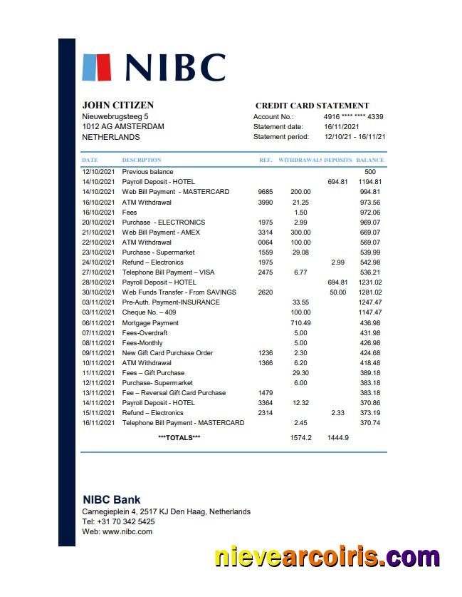 Netherlands NIBC Bank Excel Pdf Sample