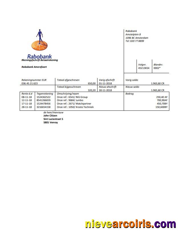 Premium Netherlands Rabobank Bank Statement Easy To Fill Template In Word And PDF Format