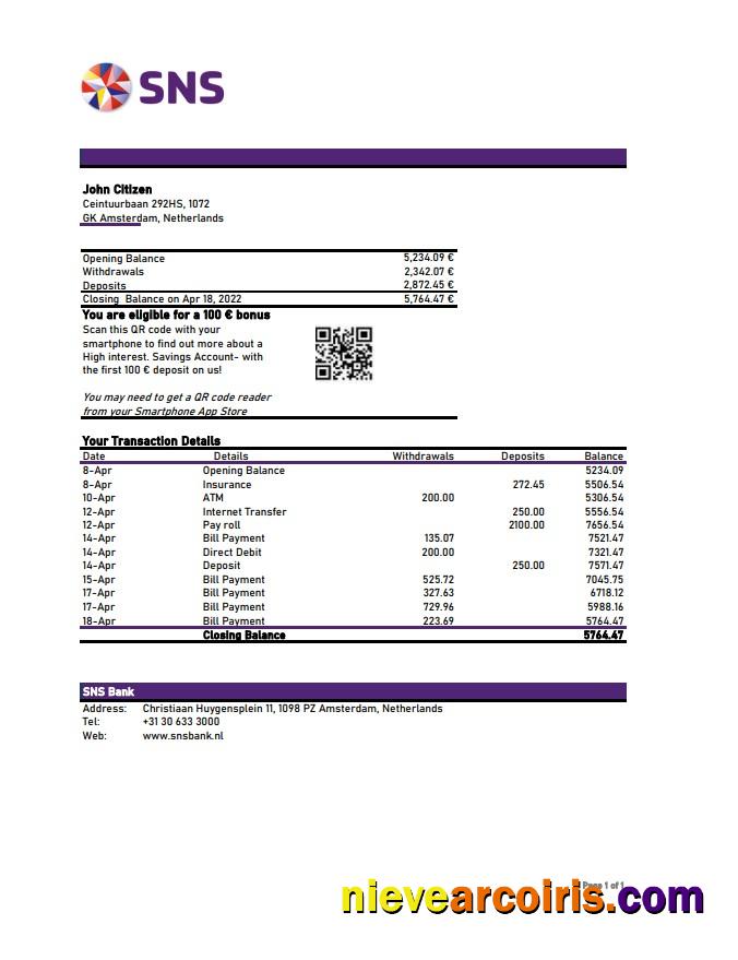 Netherlands SNS Bank Statement Sample