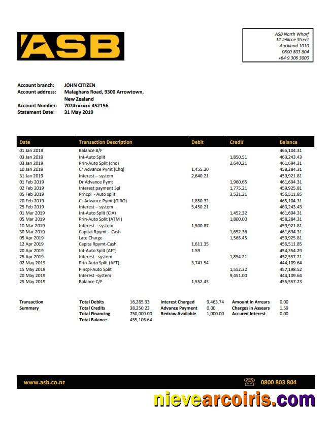New Zealand ASB Bank Statement Preview