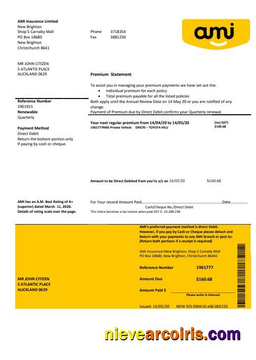 Professional New Zealand Ami Insurance Limited Bank Statement Template In Word And PDF Format