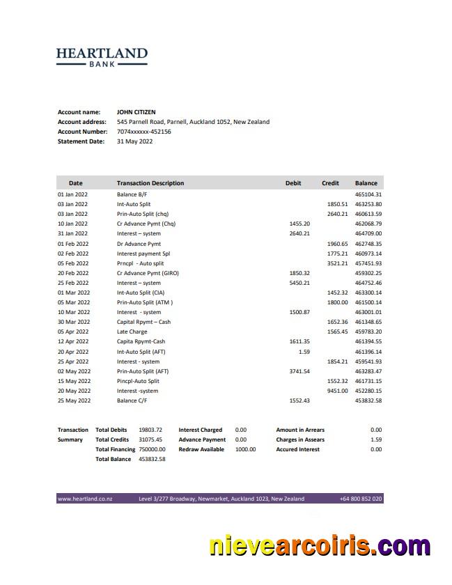 New Zealand Heartland Bank Statement Preview