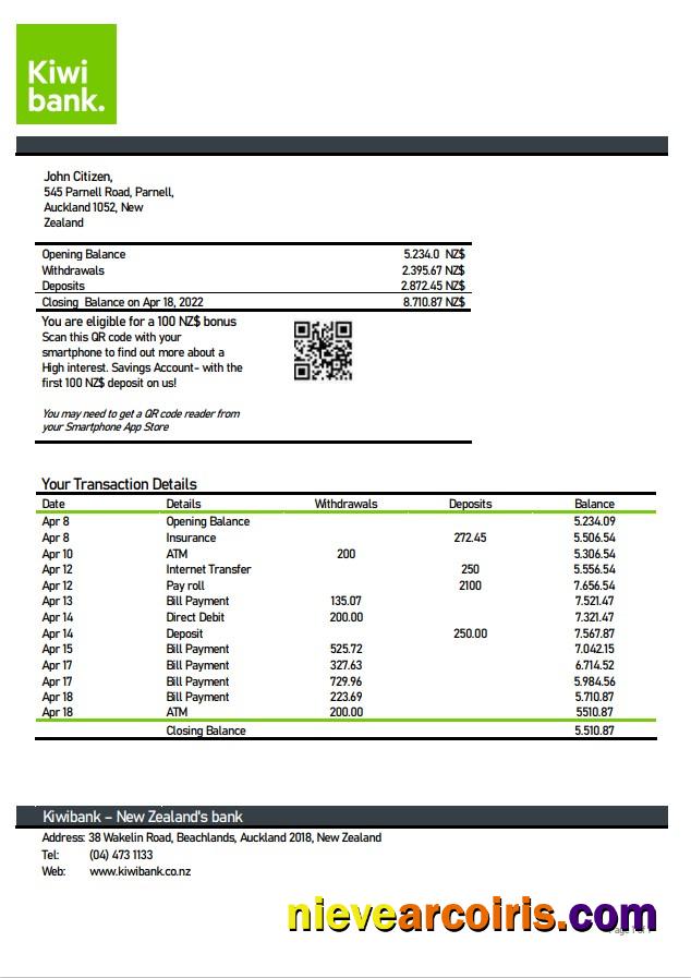 New Zealand Kiwibank Statement Template