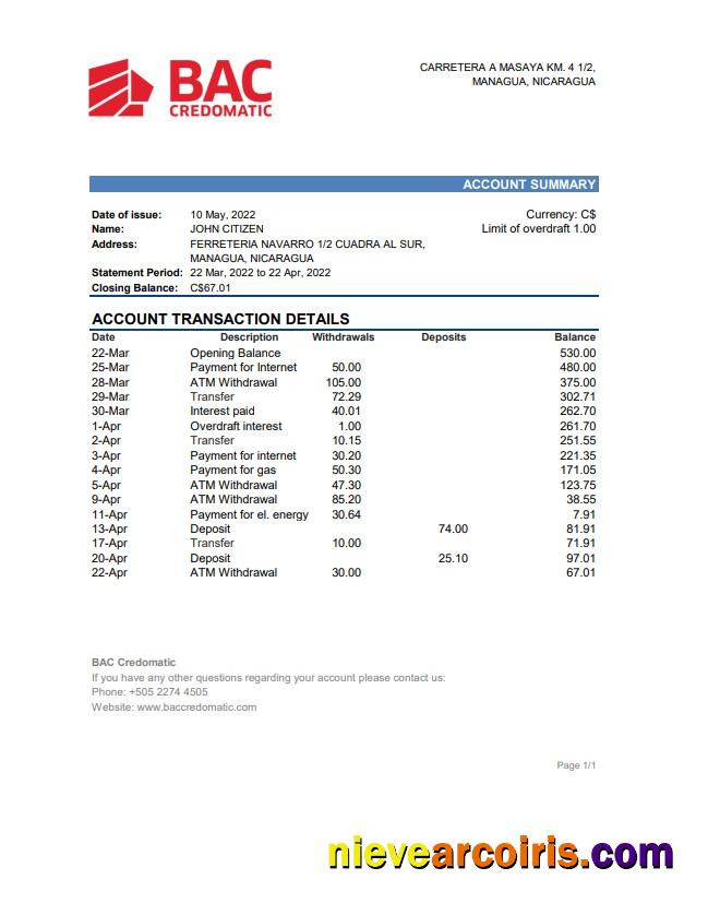 Nicaragua BAC Credomatic Bank Statement Template