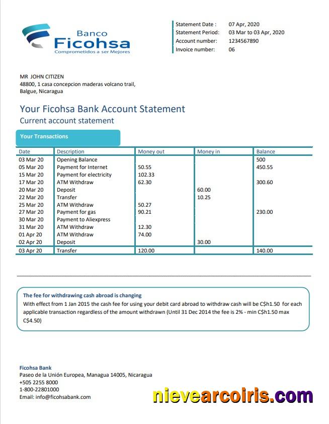 Nicaragua Banco Ficohsa Bank Statement Photolook