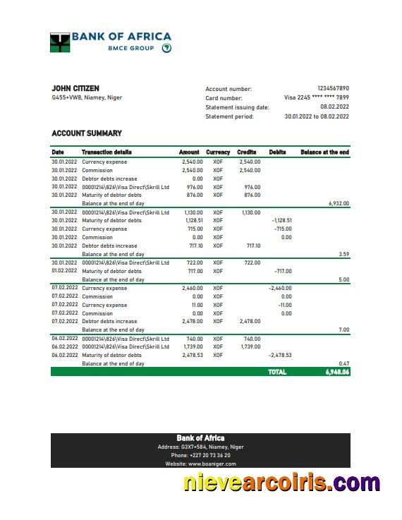 Realistic Niger Bank Of Africa Bank Statement Excel And PDF Template