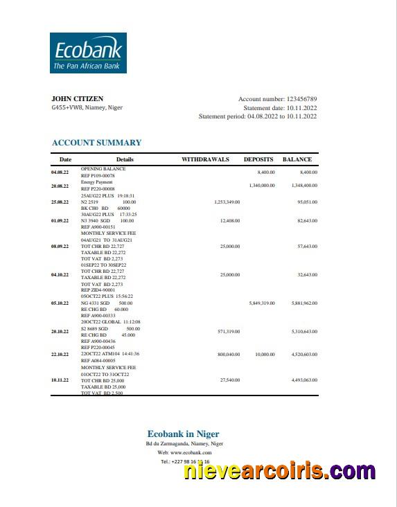Realistic Niger Ecobank Bank Statement Excel And PDF Template