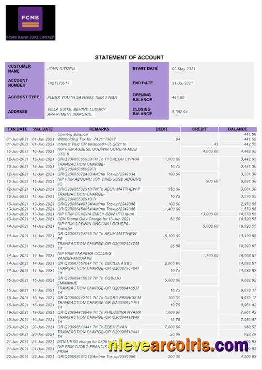 Editable Nigeria FCMB Bank Statement Word And PDF Template, 6 Pages