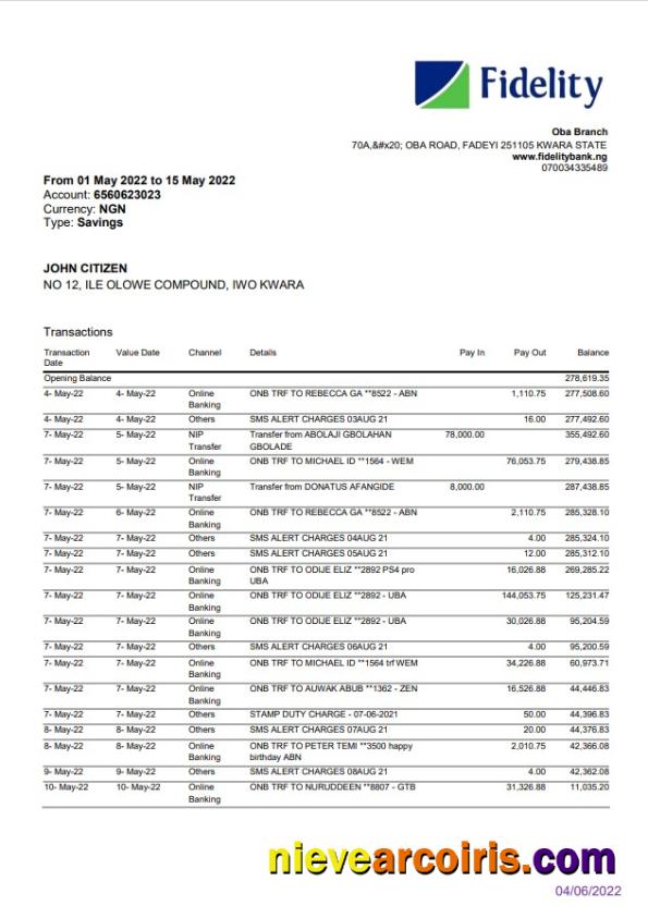Nigeria Fidelity Bank Statement Photolook