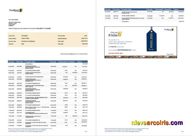 Editable Nigeria First Bank Account Statement Word And PDF Template, 2 Pages, Version 2