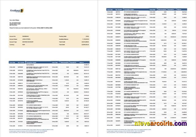 Premium Nigeria First Bank Account Statement Word And PDF Template, 2 Pages