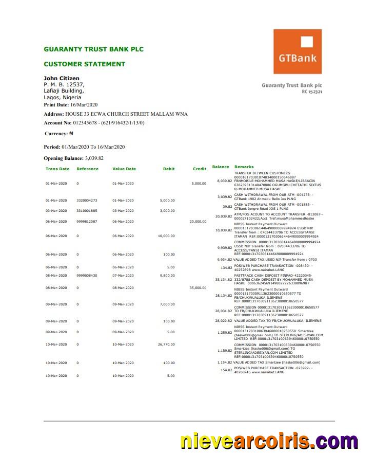 Editable Nigeria GTBank Proof Of Address Bank Statement Template In Word And PDF Format