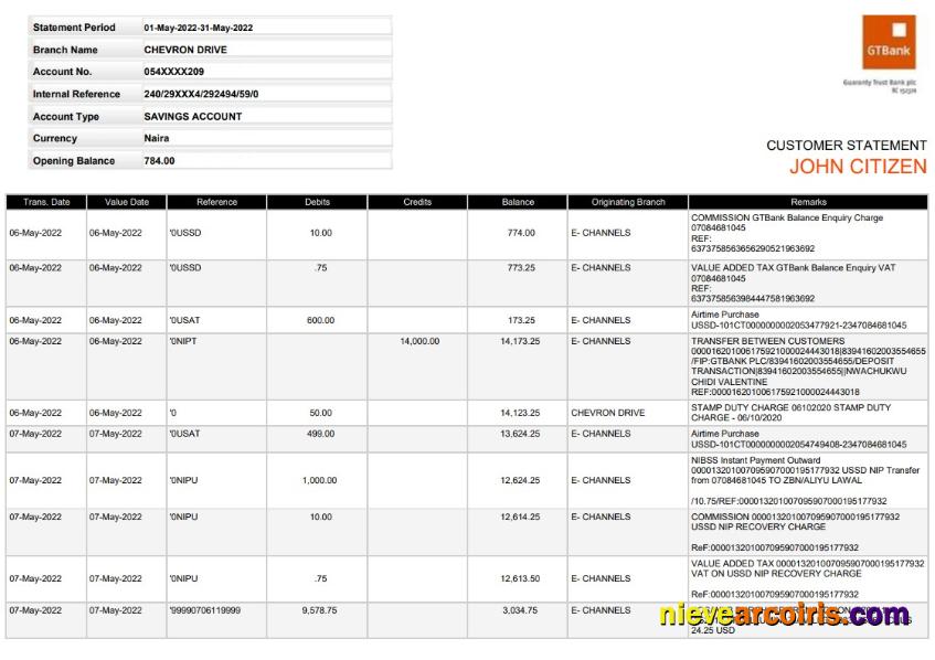 Premium Nigeria GTBank Statement, Word And PDF Template, Version 2