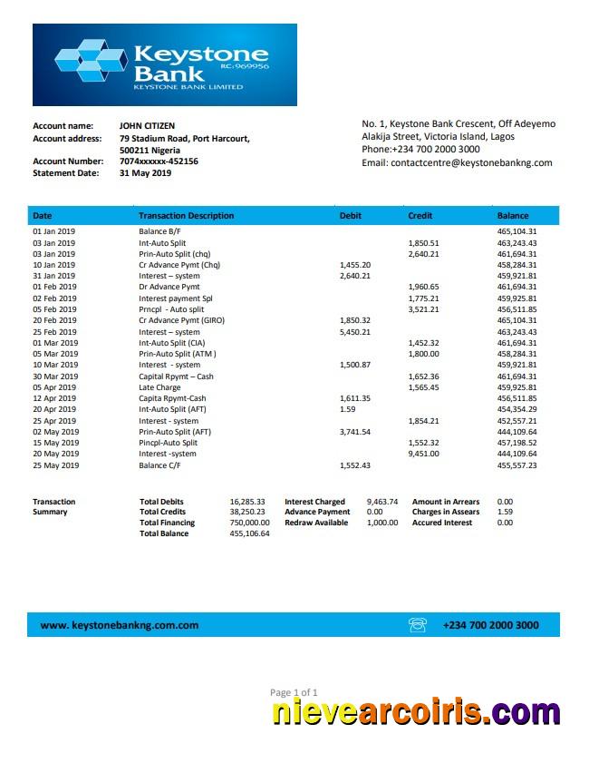 Nigeria Keystone Bank Statement Template