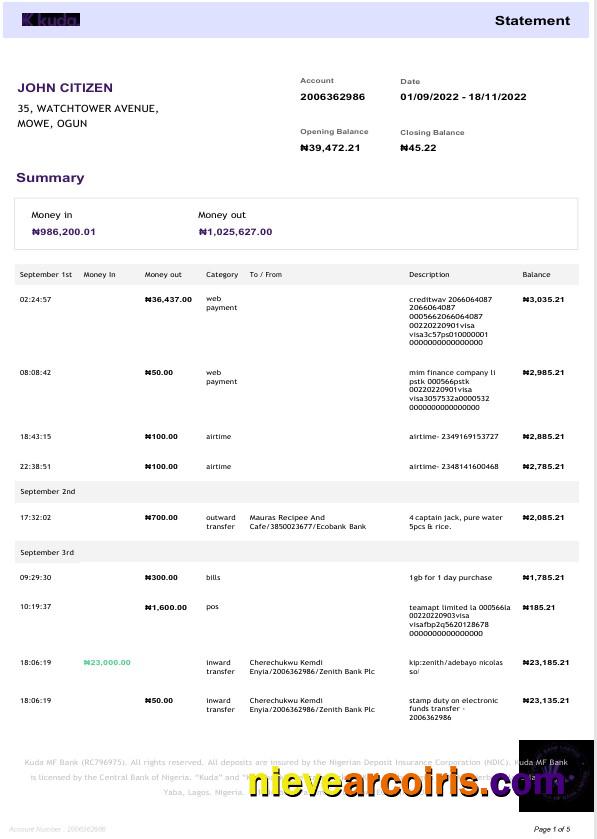 Professional Nigeria KudaBank Statement Word And PDF Template, 4 Pages
