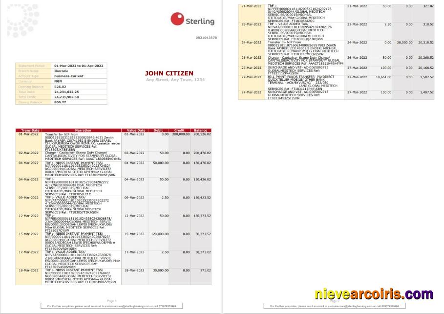 Nigeria Sterling Bank Statement Sample