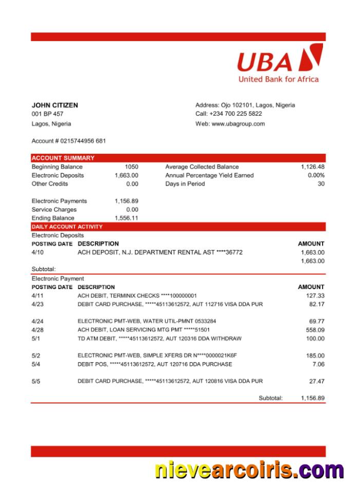 Nigeria UBA Bank Statement In Excel And PDF Format Template