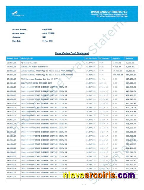 Realistic Nigeria Union Bank Of Nigeria Account Statement Word And PDF Template