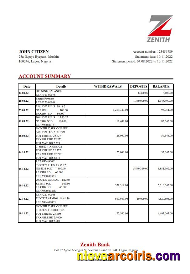 Nigeria Zenith Bank Statement Xls Template