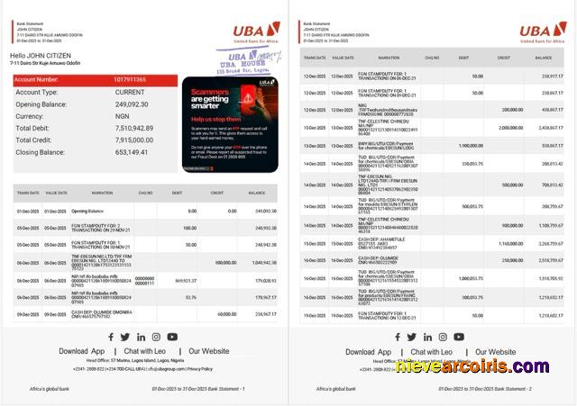 Realistic Nigeria United Bank For Africa Bank Statement Word And PDF Template, 2 Pages