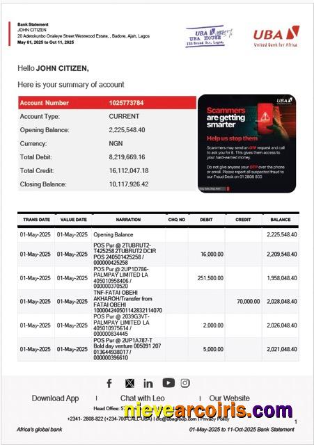 Realistic Nigeria United Bank For Africa Bank Statement Word And PDF Template