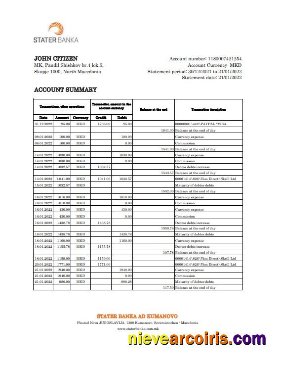 Professional North Macedonia Stater Banka Bank Statement Excel And PDF Template