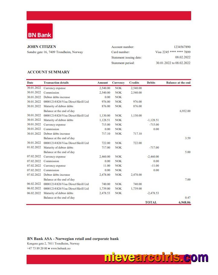 Norway BN Bank Statement Sample