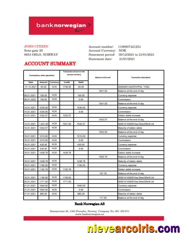 Norway Bank Norwegian AS Excel Pdf Template