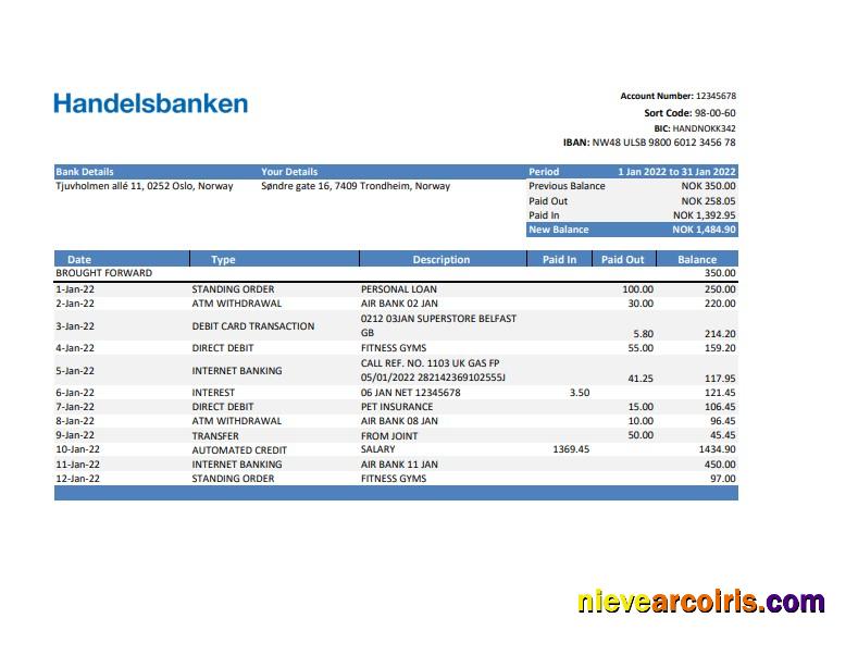 Premium Norway Handelsbank Statement Excel And PDF Template