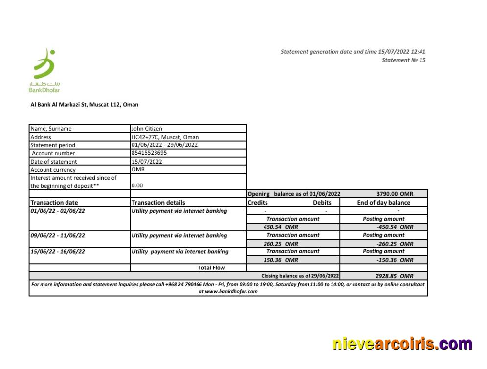 Editable Oman Bank Dhofar Bank Statement Excel And PDF Template