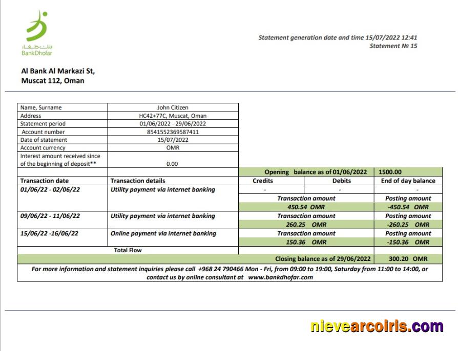 Realistic Oman Bank Dhofar Bank Statement Template In Word And PDF Format