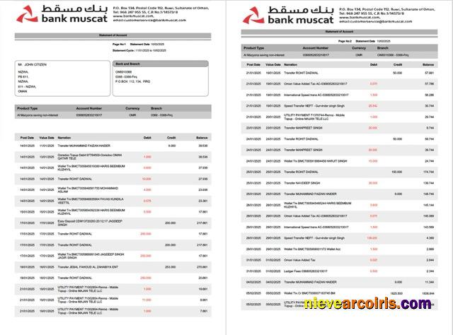 Realistic Oman Bank Muscat Statement Of Account Word And PDF Template, 2 Pages