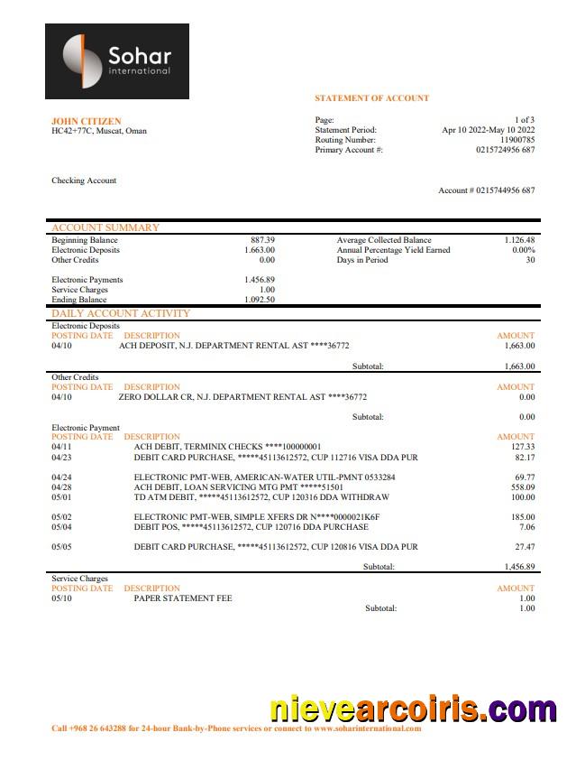Oman Sohar International Bank Statement Preview