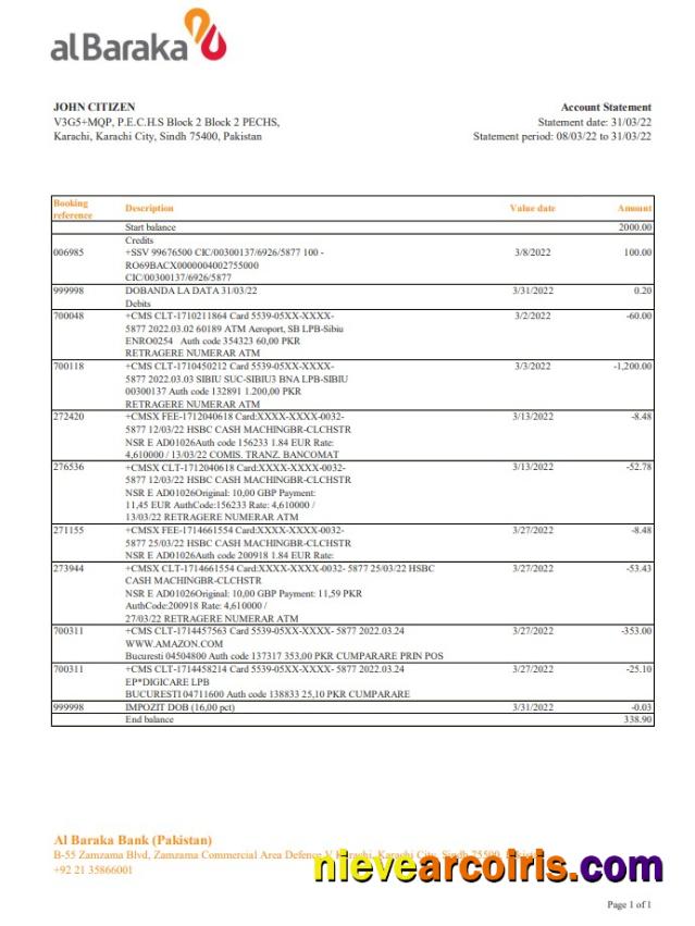 Pakistan Al Baraka Bank Statement Template