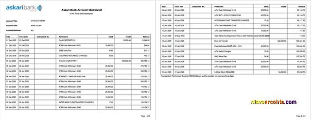 Professional Pakistan Askari Bank Account Statement Word And PDF Template, 2 Pages