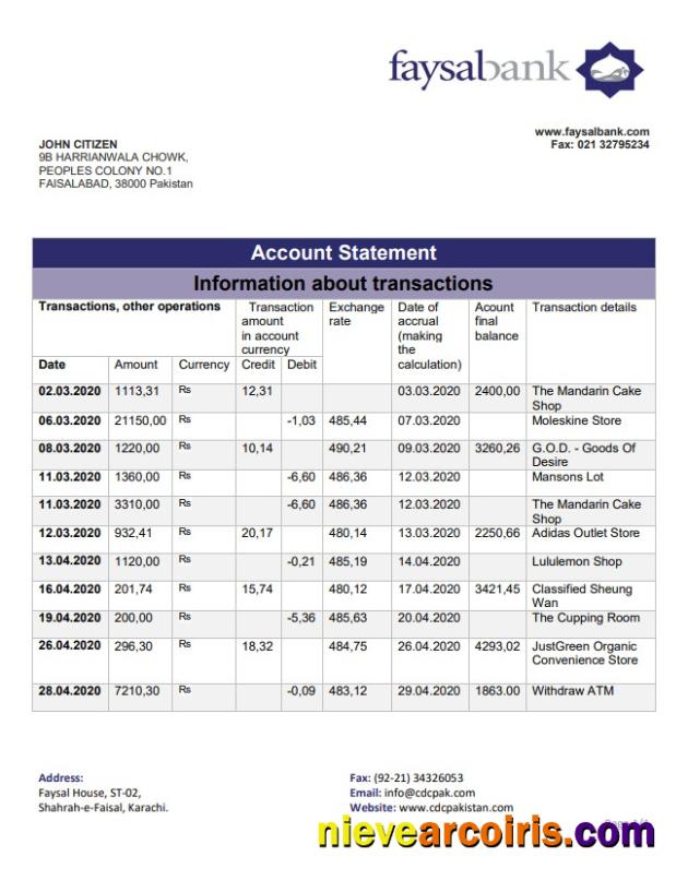 Pakistan Faysal Bank Statement Sample