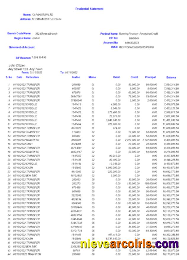 Professional Pakistan ICI Bank Statement Word And PDF Template