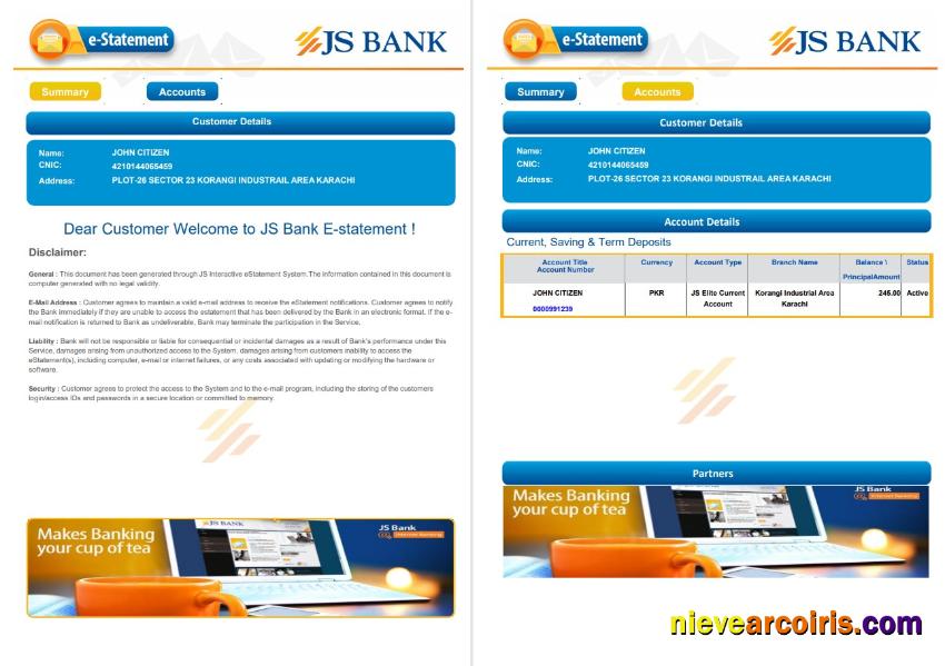 Pakistan JS Bank E Statement 3 Pages Sample