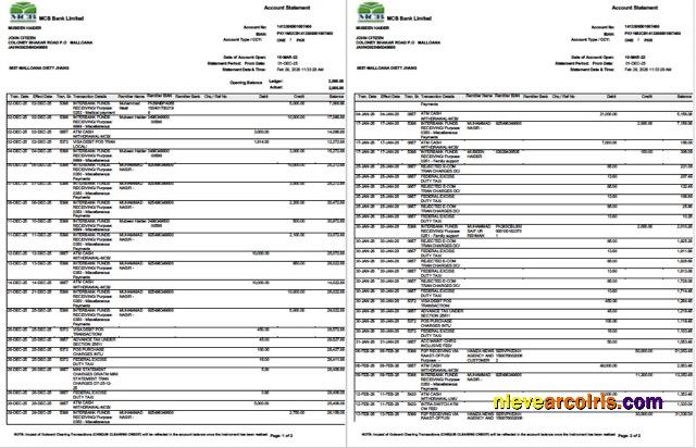 Premium Pakistan MCB Bank Account Statement Word And PDF Template, 2 Pages