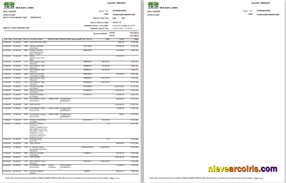 Professional Pakistan MCB Bank Statement Word And PDF Template